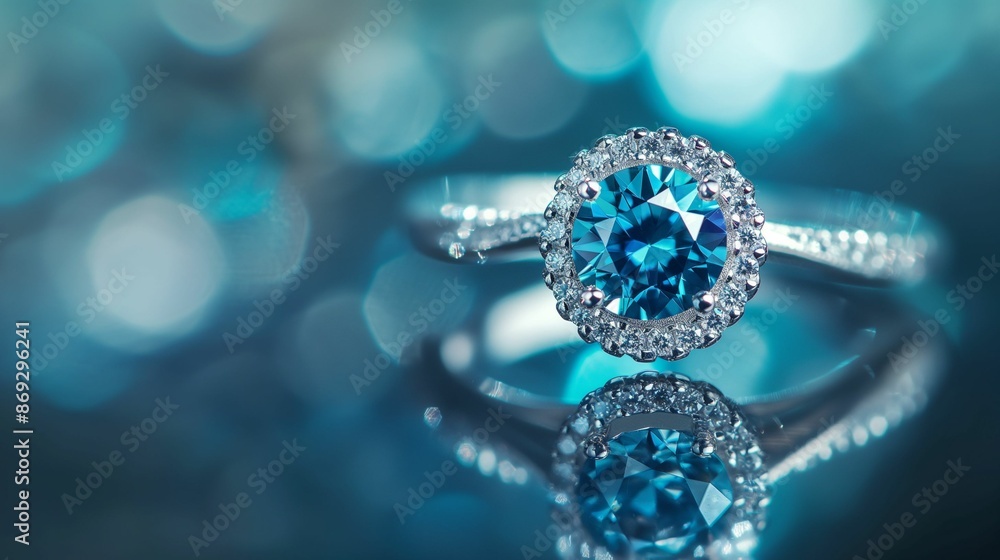 Elegant diamond ring with a blue gemstone on a reflective surface. Elegant diamond ring with a blue gemstone on a reflective surface.