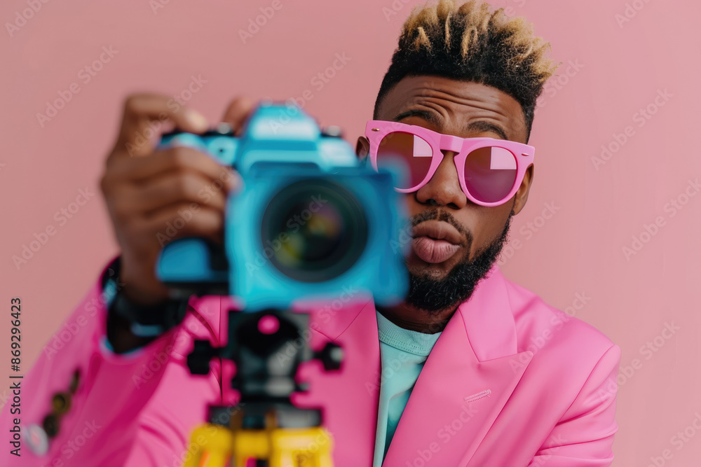 Obraz premium Influencer man in a pink suit creating content in a studio setting, ideal for vlogging and blogging on social media.
