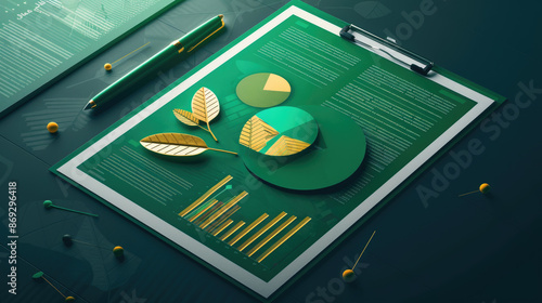 Leaves on financial papers showing green investment and eco-finance trends, highlighting sustainable growth and environmental finance. photo