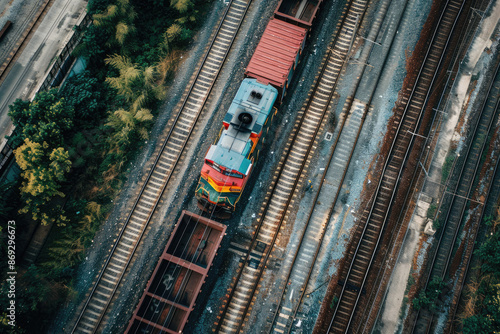 Aerial view of a freight train illustrating the significance of rail freight transportation in driving economic trade. Highlights the efficiency and importance of the logistics network. photo