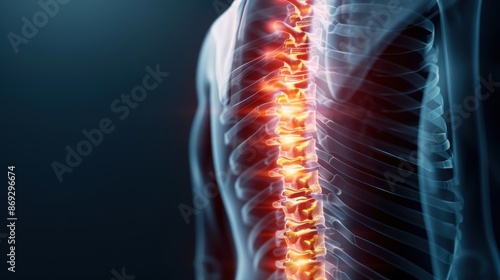 Depiction of back pain with a glowing red area along the spine and jagged lines, showing sharp, radiating pain