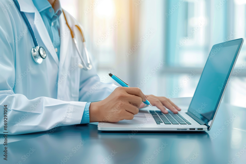 Telemedicine scene featuring a doctor taking notes on a laptop while talking to a patient on a video call. Highlights remote medical care and virtual healthcare services. Telemedicine scene featuring a doctor taking notes on a laptop while talking to a patient on a video call. Highlights remote medical care and virtual healthcare services.