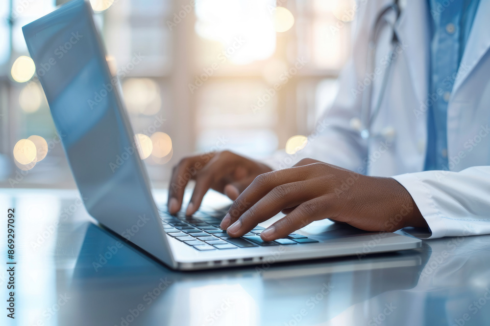 Virtual healthcare consultation with a doctor in a professional telehealth environment using a laptop. Emphasizes the convenience of modern remote medical care. Virtual healthcare consultation with a doctor in a professional telehealth environment using a laptop. Emphasizes the convenience of modern remote medical care.
