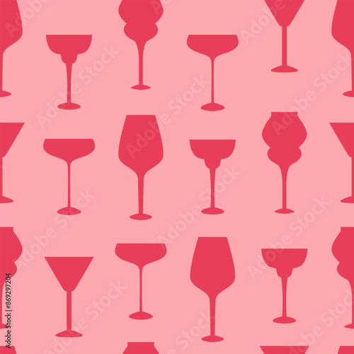 Pink wine glasses seamless pattern. Icons and doodles. Minimalistic silhouettes of crystal glasses and goblets. Wine tasting. Sommelier. Party, celebration time. Background, wallpaper, digital paper