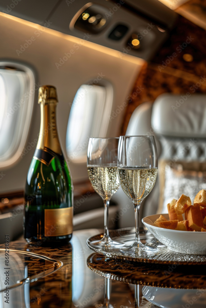 Obraz premium A plane with a table in the middle of it with a bottle of champagne