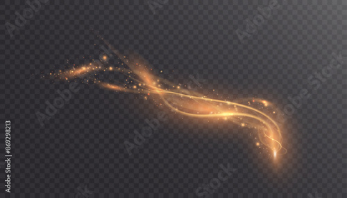 Bright magical golden Christmas glow effect. The comet sparkles with curved lines. Glowing stardust wave, shiny sparkles of magical starlight for web design and illusions.