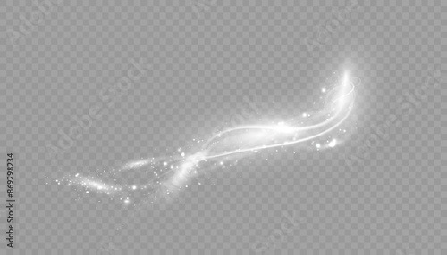 Bright magical Christmas glow effect. The comet sparkles with curved lines. Glowing stardust wave, shiny sparkles of magical starlight for web design and illusions.