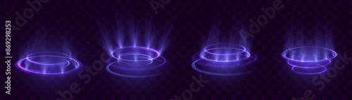 Glowing portal podium. Set of round teleportation portals with glow in the dark neon light for vector illustrations.	
