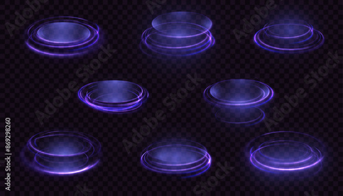 Glowing portal podium. Set of round teleportation portals with glow in the dark neon light for vector illustrations.	
