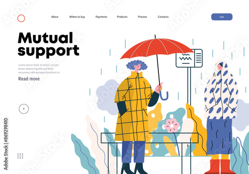 Mutual Support: Offer an umbrella to a stranger -modern flat vector concept illustration of a at a bus stop in the rain offering an umbrella A metaphor of voluntary, collaborative exchanges