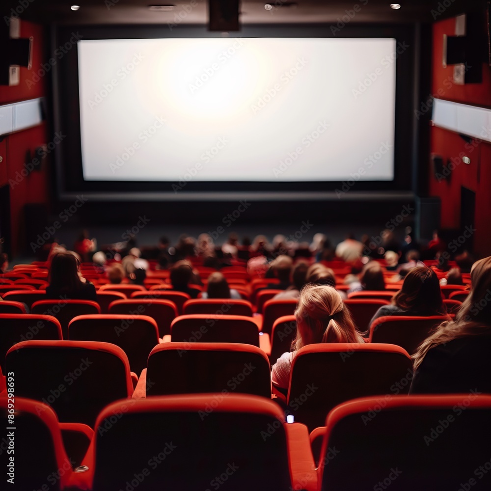 Cinema hall with white blank screen. Rows of seats, red cinema chairs. Theater empty scene. Movie theatre. Generative AI Cinema hall with white blank screen. Rows of seats, red cinema chairs. Theater empty scene. Movie theatre. Generative AI