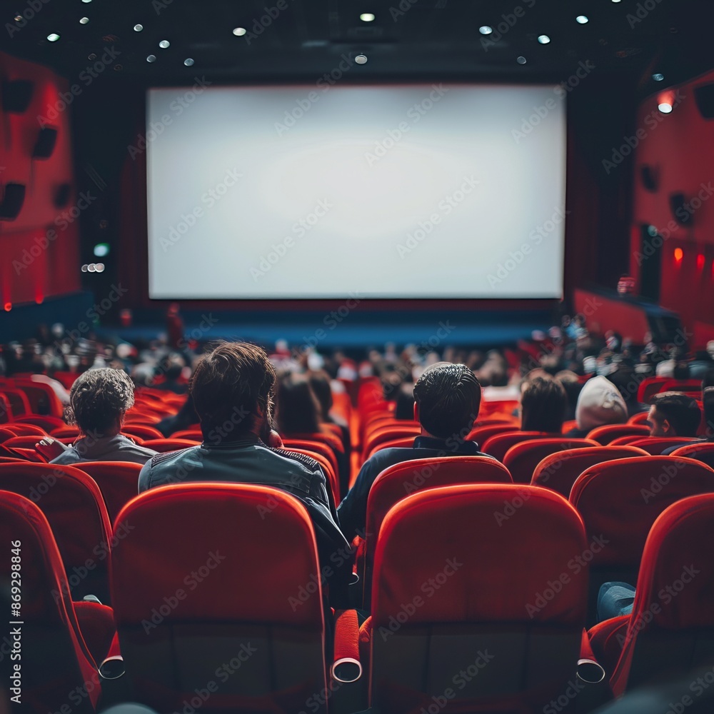 Obraz premium Cinema hall with white blank screen. Rows of seats, red cinema chairs. Theater empty scene. Movie theatre. Generative AI
