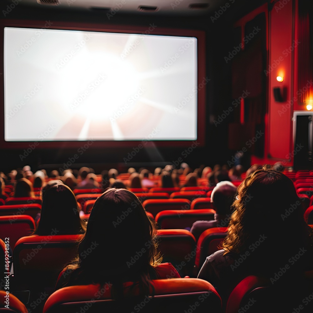 Cinema hall with white blank screen. Rows of seats, red cinema chairs. Theater empty scene. Movie theatre. Generative AI Cinema hall with white blank screen. Rows of seats, red cinema chairs. Theater empty scene. Movie theatre. Generative AI