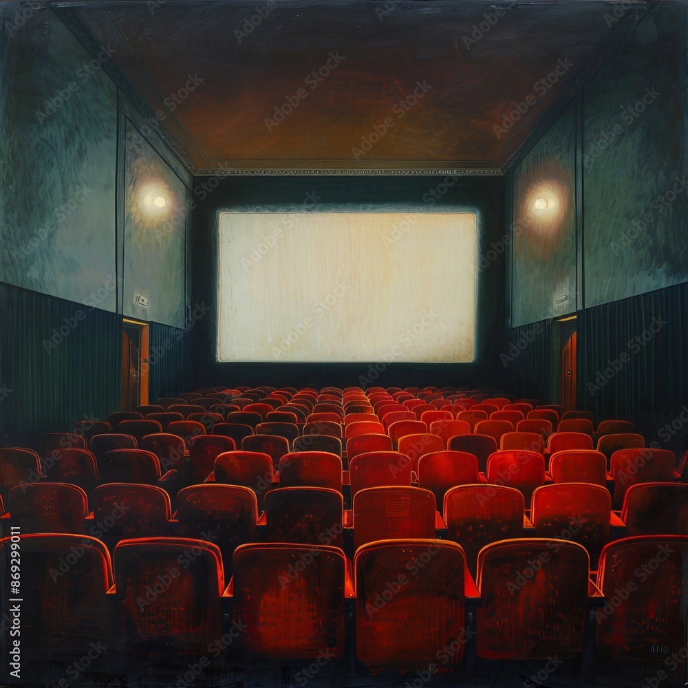 Fototapeta premium Cinema hall with white blank screen. Rows of seats, red cinema chairs. Theater empty scene. Movie theatre. Generative AI