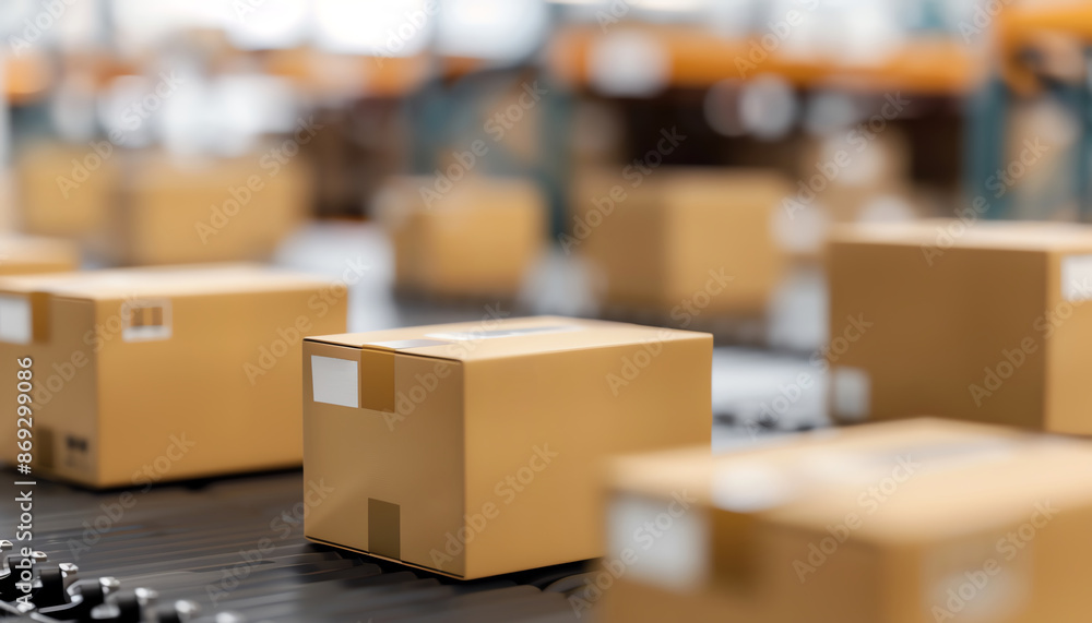 A box moves along a conveyor belt towards the foreground. There are many other boxes on the belt, all of which are blurred. A box moves along a conveyor belt towards the foreground. There are many other boxes on the belt, all of which are blurred.