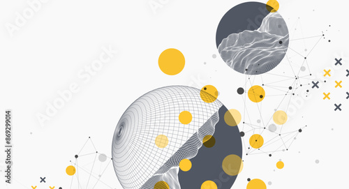 Sphere  theme with connected lines in technology style background. Wireframe illustration. Abstract 3d grid design. Hand drawn.