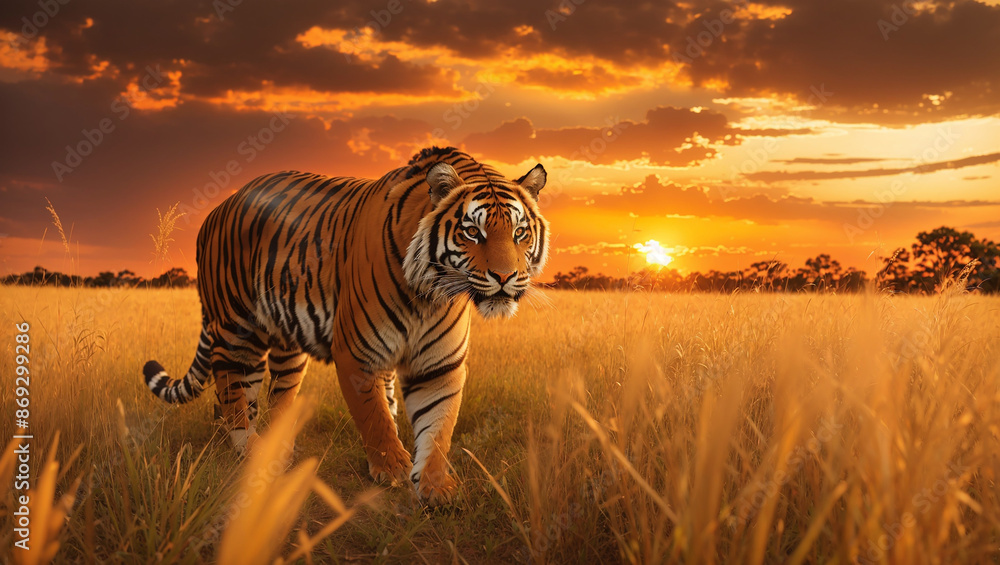 Naklejka premium A tiger with orange and black stripes is walking through a tall grassy