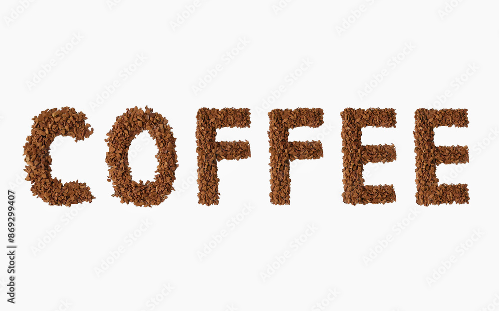 A word COFFEE made of instant coffee. Headline text printed with coffee isolated on white background A word COFFEE made of instant coffee. Headline text printed with coffee isolated on white background