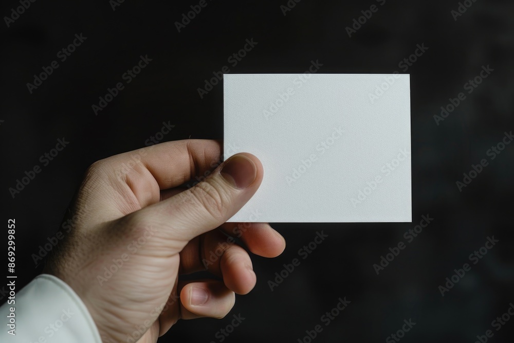 A person holds a white card in their hand with a thoughtful expression A person holds a white card in their hand with a thoughtful expression