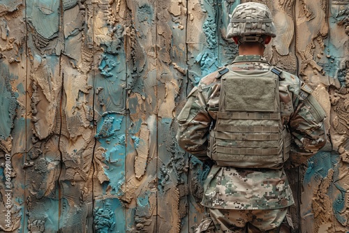 Soldier Standing Before a Distressed Wall During Military Training