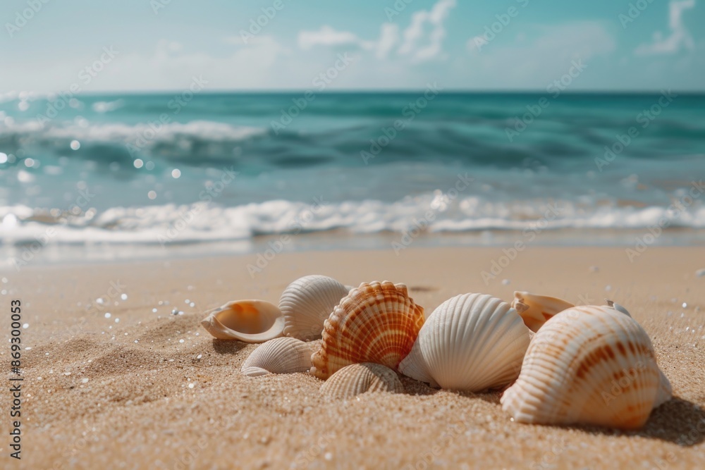 Coastal scene with seashells scattered on a sandy beach, perfect for travel or nature-themed designs Coastal scene with seashells scattered on a sandy beach, perfect for travel or nature-themed designs