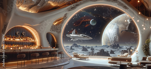 Fototapeta Naklejka Na Ścianę i Meble -  A luxury resort bar and lounge in outer space, there is a space ship outside of a large window. Generative AI.
