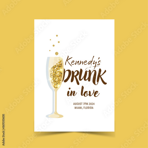 Hen-party invitation, bachelorette party. Drunk in love bridal shower. Vector illustration. Wedding invitation with golden champagne