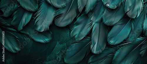 Vintage feather texture background in a stunning dark green viridian hue photo