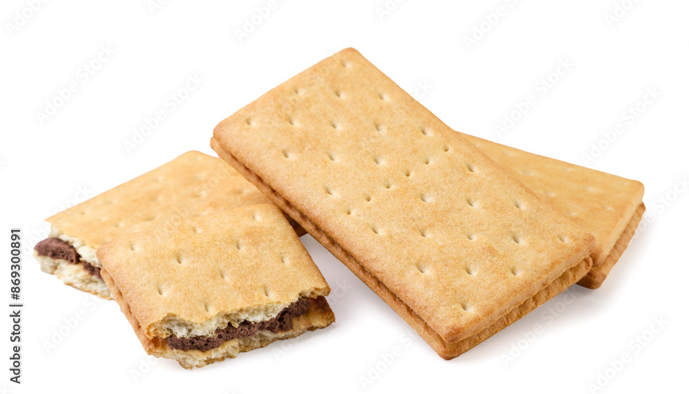 Crackers sandwiches with chocolate on white background. Isolated Crackers sandwiches with chocolate on white background. Isolated