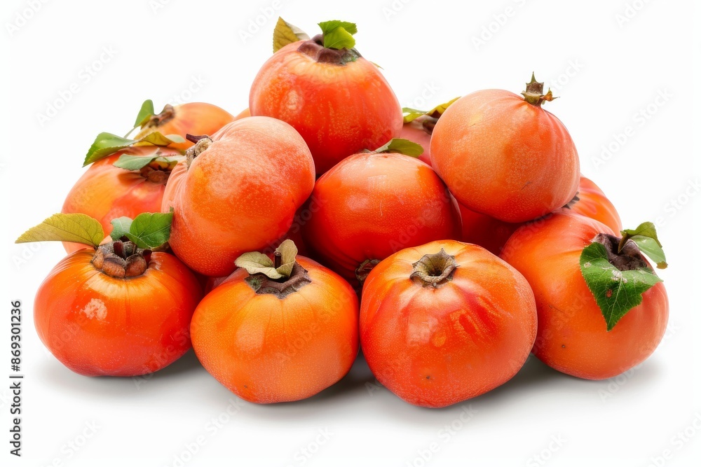 A bunch of ripe persimmons surrounded by leaves isolated on a white background, from an organic farm, delicious and fresh. A bunch of ripe persimmons surrounded by leaves isolated on a white background, from an organic farm, delicious and fresh.