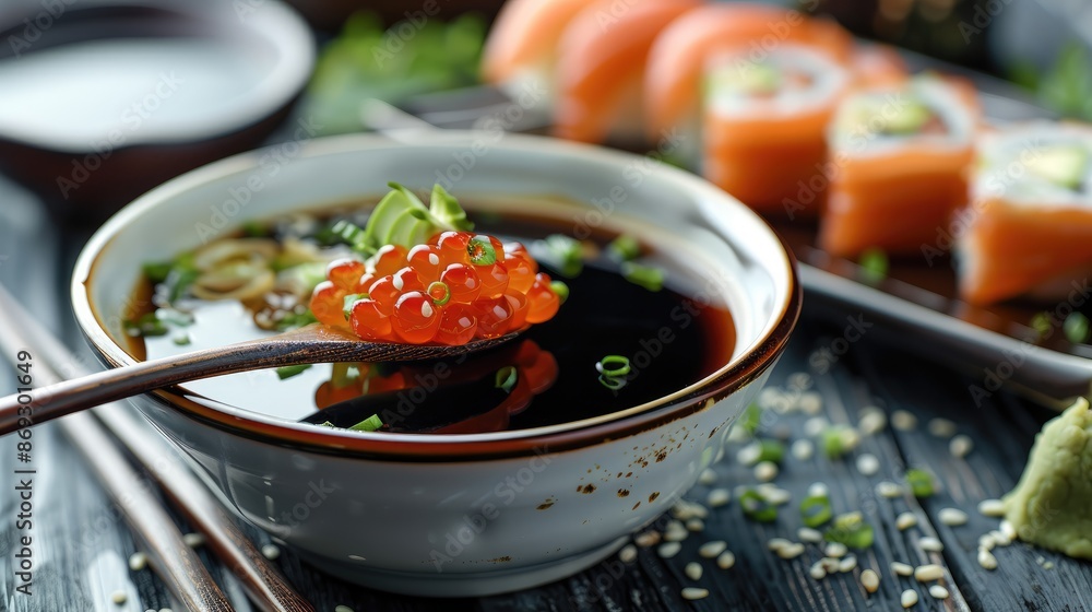 A bowl of soy sauce with a brush of wasabi paste on the rim, surrounded by fresh sushi ingredients. Generative AI. A bowl of soy sauce with a brush of wasabi paste on the rim, surrounded by fresh sushi ingredients. Generative AI.