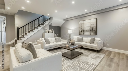 An interior shot of a recently renovated basement with contemporary design elements, including a large white sectional sofa and gray-toned wood-look flooring