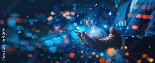 Businessman Analyzing Data on Mobile Device with Holographic Charts