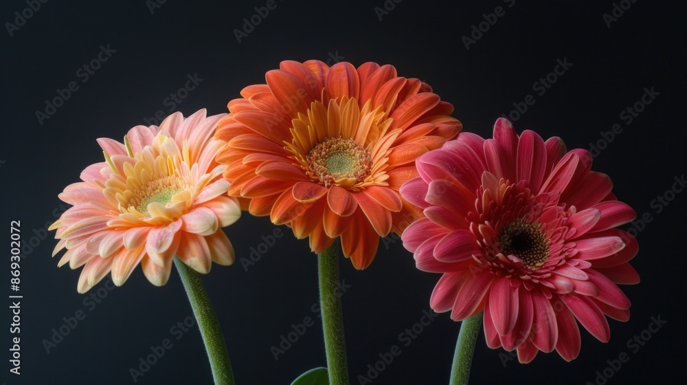 A still life image of three flowers arranged in a decorative vase on a table A still life image of three flowers arranged in a decorative vase on a table