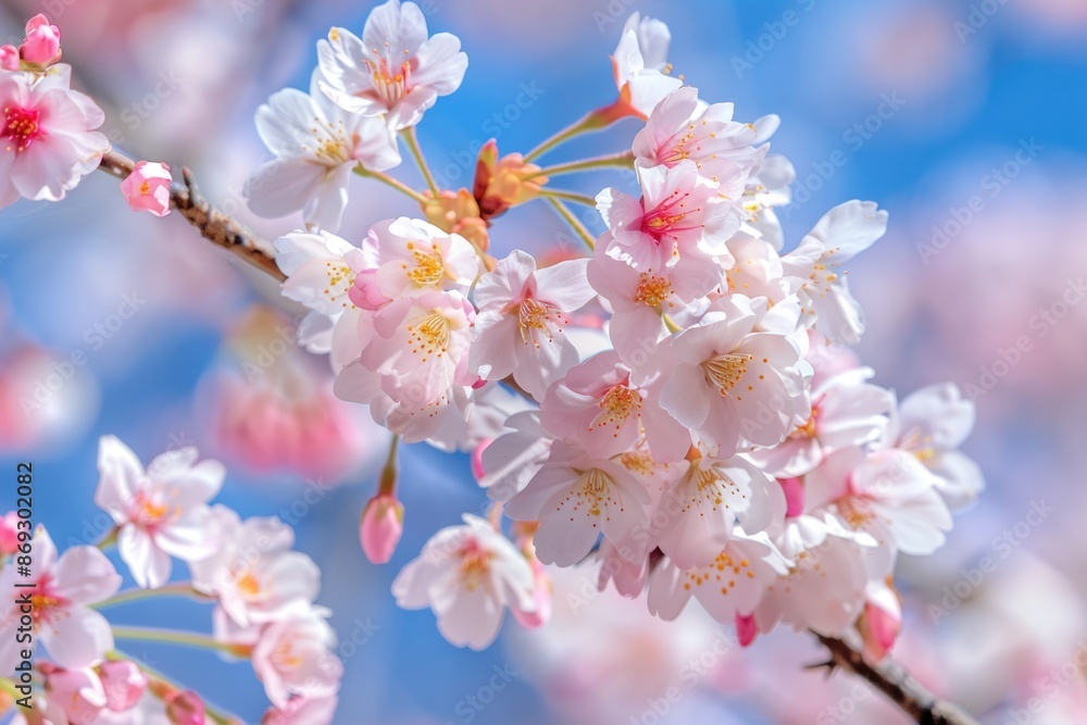 A detailed view of colorful blooms growing on a tree limb, suitable for use in illustrations or design projects A detailed view of colorful blooms growing on a tree limb, suitable for use in illustrations or design projects
