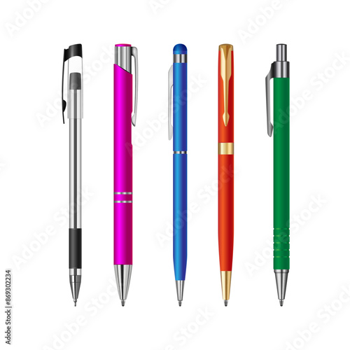 Set of school ballpoint pens. Vector illustration. Sketch for creativity.