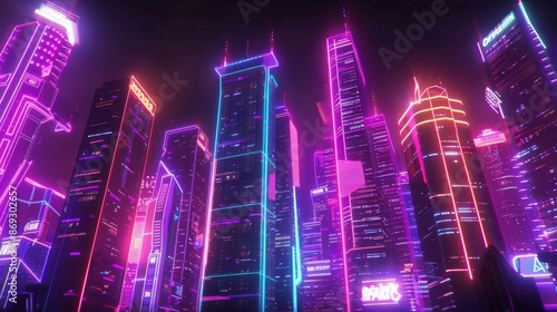 An electric neon cityscape at night surrounded by futuristic skyscrapers and glowing lights creates an enthralling sci-fi atmosphere.
