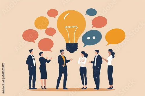 Efficacious communication, meeting discussion, communicating intelligence information, team opinions, business people discussing ideas with lightbulb bubbles.