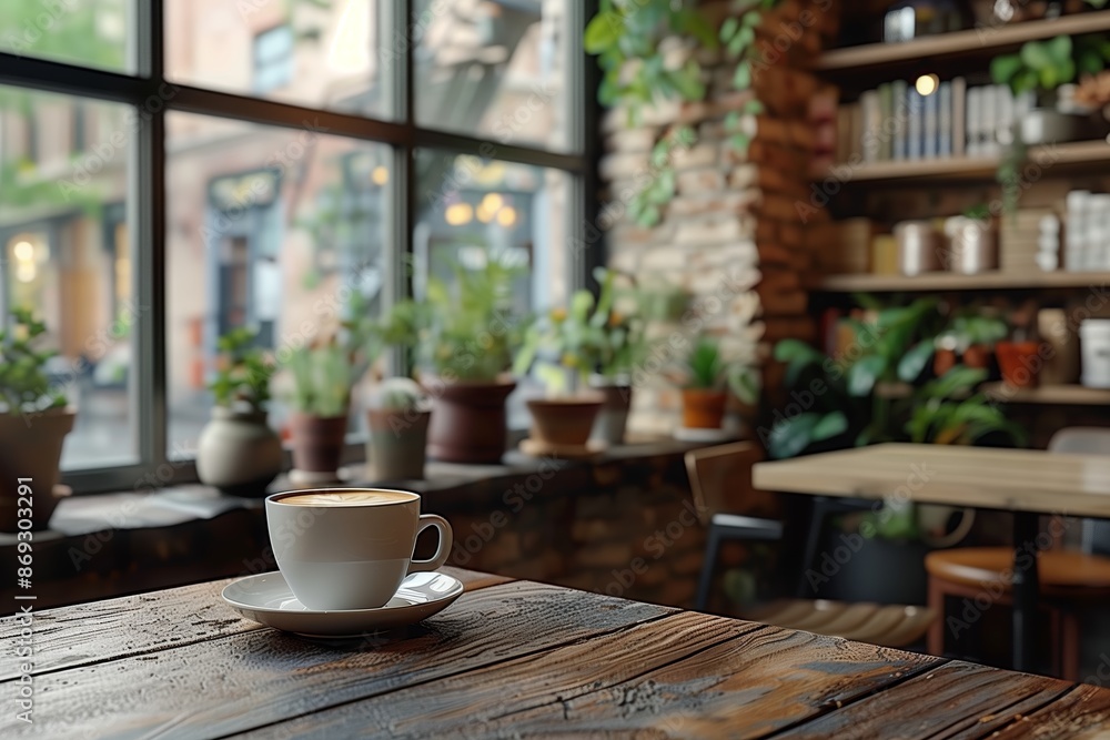 A Cup of Coffee Near a Large Window in a Cozy Cafe A Cup of Coffee Near a Large Window in a Cozy Cafe