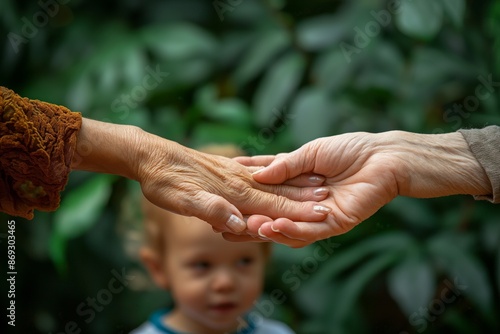 The tender moment of an elderly hand touching a younger hand, with a toddler blurred in the background