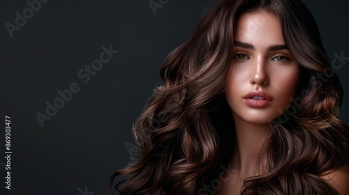 A beautiful brunette woman with long, flowing curls stares intensely into the camera. She is lit from the front, creating a soft, ethereal glow