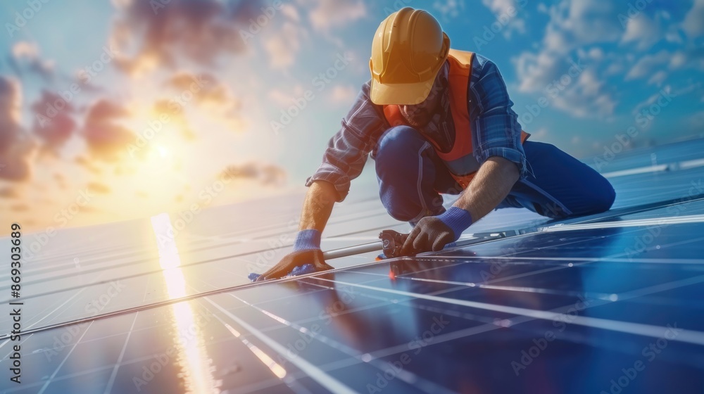Solar technician installing solar panels at sunset, emphasizing renewable energy and sustainable technology. Solar technician installing solar panels at sunset, emphasizing renewable energy and sustainable technology.