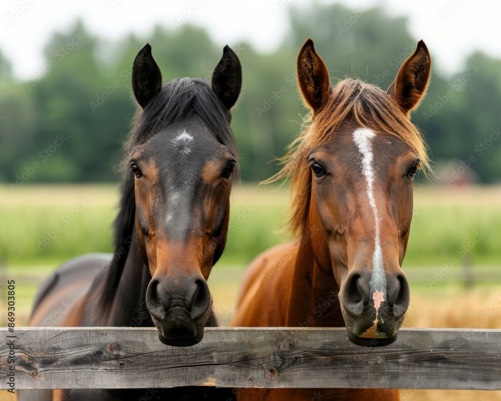 Obraz premium Two horses standing behind a wooden fence in a green field on a clear day, with trees in the background.