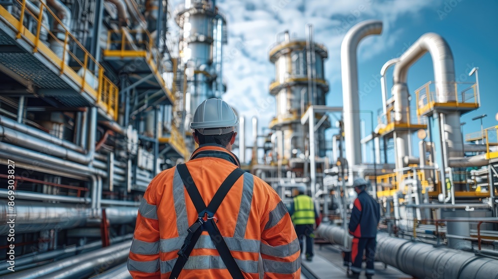 A workers at a gas plant. team of professionals wearing safety gear, actively engaged in monitoring and maintaining equipment. gas pipelines and industrial machinery. Generative AI. A workers at a gas plant. team of professionals wearing safety gear, actively engaged in monitoring and maintaining equipment. gas pipelines and industrial machinery. Generative AI.