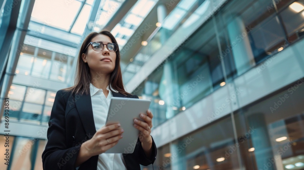 Fototapeta premium A young businesswoman in a black suit confidently holds a tablet, looking up in an office atrium with a modern, sleek design