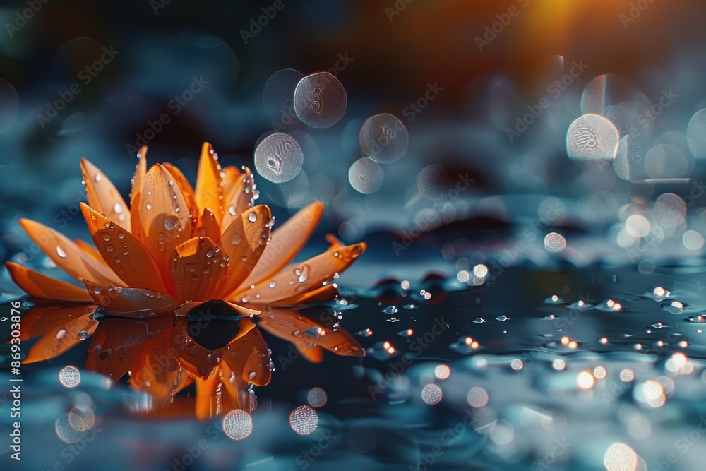Fototapeta premium A single orange flower floating on the surface of a body of water, with calm surroundings