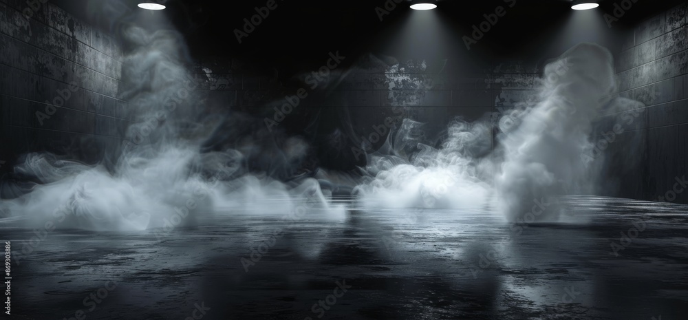 Futuristic White Catwalk Spaceship Concrete Grunge Underground Garage Hallway Tunnel Parking Car Showcase Empty Dark 3D Rendering with Smoke Fog Futuristic White Catwalk Spaceship Concrete Grunge Underground Garage Hallway Tunnel Parking Car Showcase Empty Dark 3D Rendering with Smoke Fog