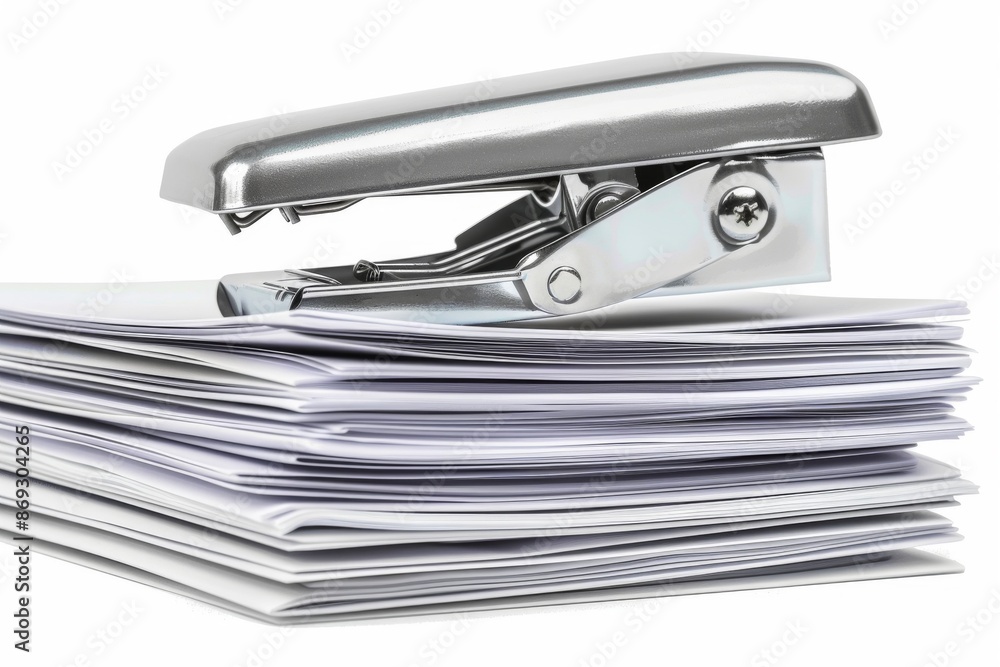 A close-up view of a shiny, silver stapler firmly pressing down on a neat stack of papers, creating a sense of organization and efficiency. A close-up view of a shiny, silver stapler firmly pressing down on a neat stack of papers, creating a sense of organization and efficiency.