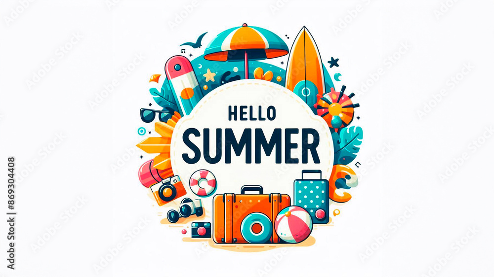 Fototapeta premium Hello Summer greeting text in circular white frame with colorful beach element: umbrella, surfboard, luggage, ball. Hello summer beach vector concept.