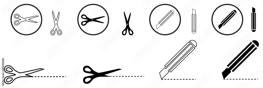 Cutter knife, stationery knife icon set, in trendy outline style design, Vector graphic illustration, Cutter icon for website design. Cutter knife, stationery knife icon set, in trendy outline style design, Vector graphic illustration, Cutter icon for website design.